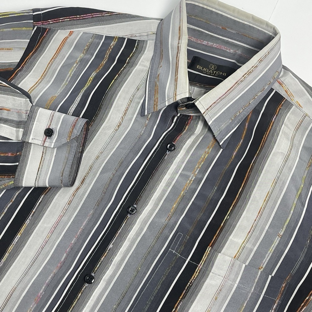 Bugatchi Shirt Men's Large Black Gray Multicolor Striped Button Up Long Sleeve